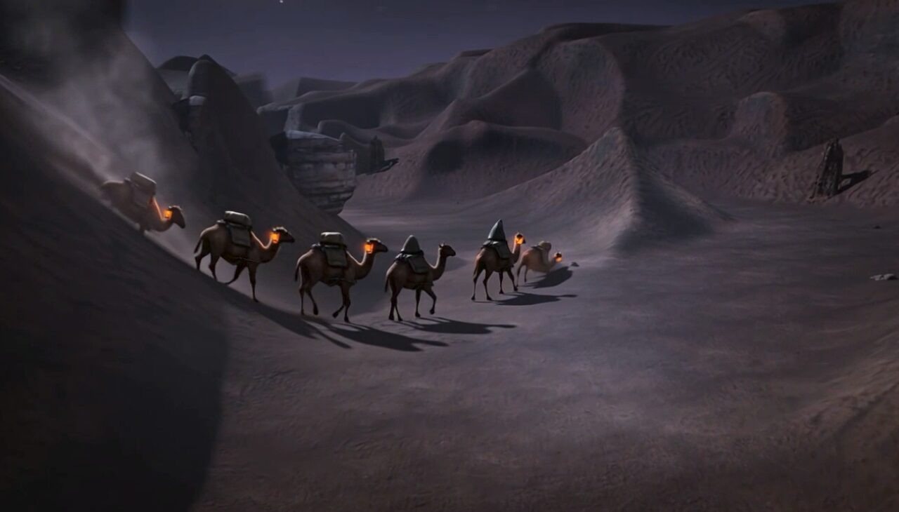 The wrecked caravan at night